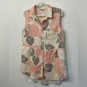 Joan Vass Floral Linen Sleeveless Button-Up Blouse Dress